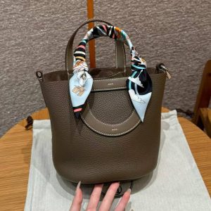 Hermes In the Loop 18 Bag Handmade In Taurillon Clemence Leather Silver Hardware ck18 Etoupe - Image 8