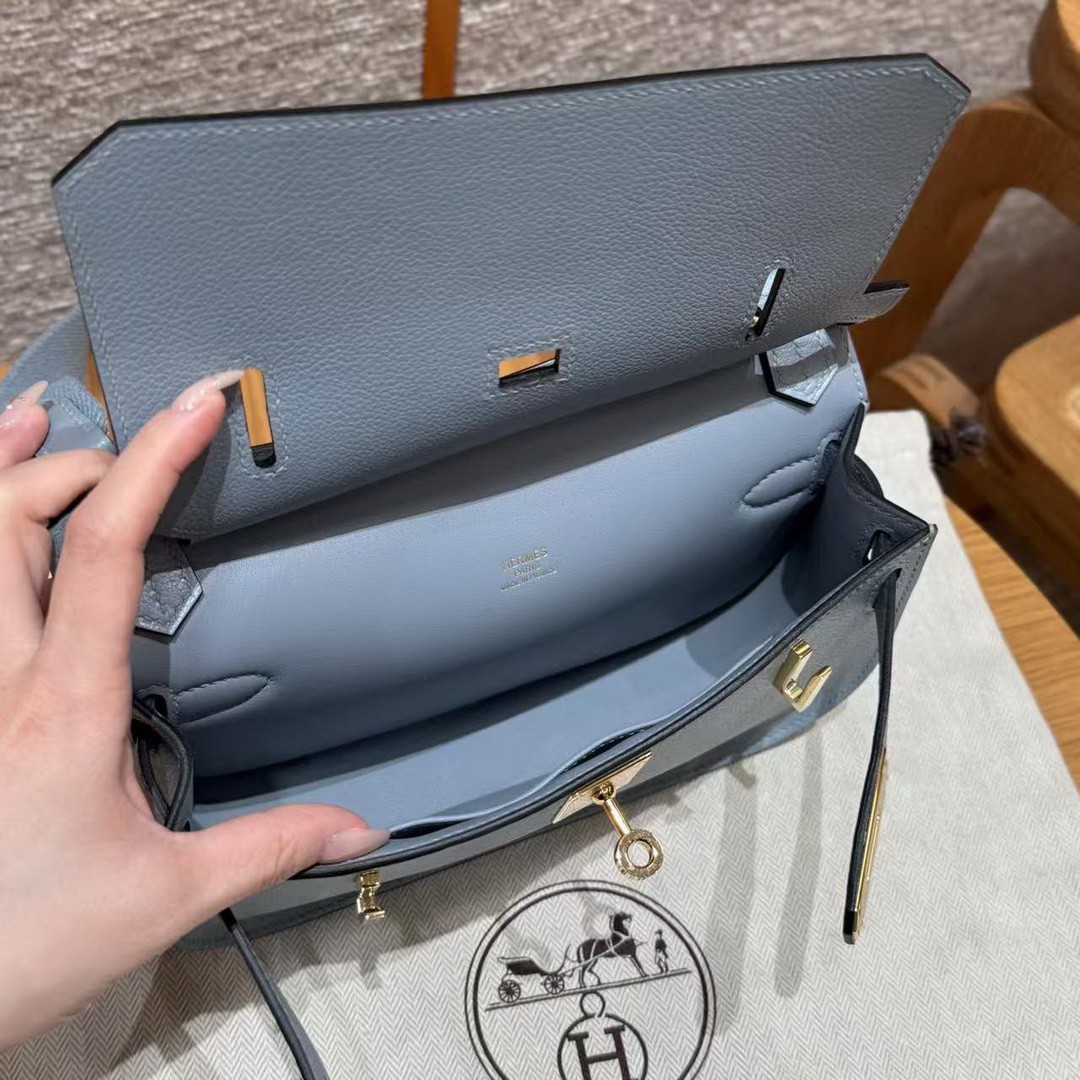 Hermes Jypsiere Mini 23 Bag Handmade In Evercolor Calfskin Leather Gold Hardware J7 Blue Lin - Image 13