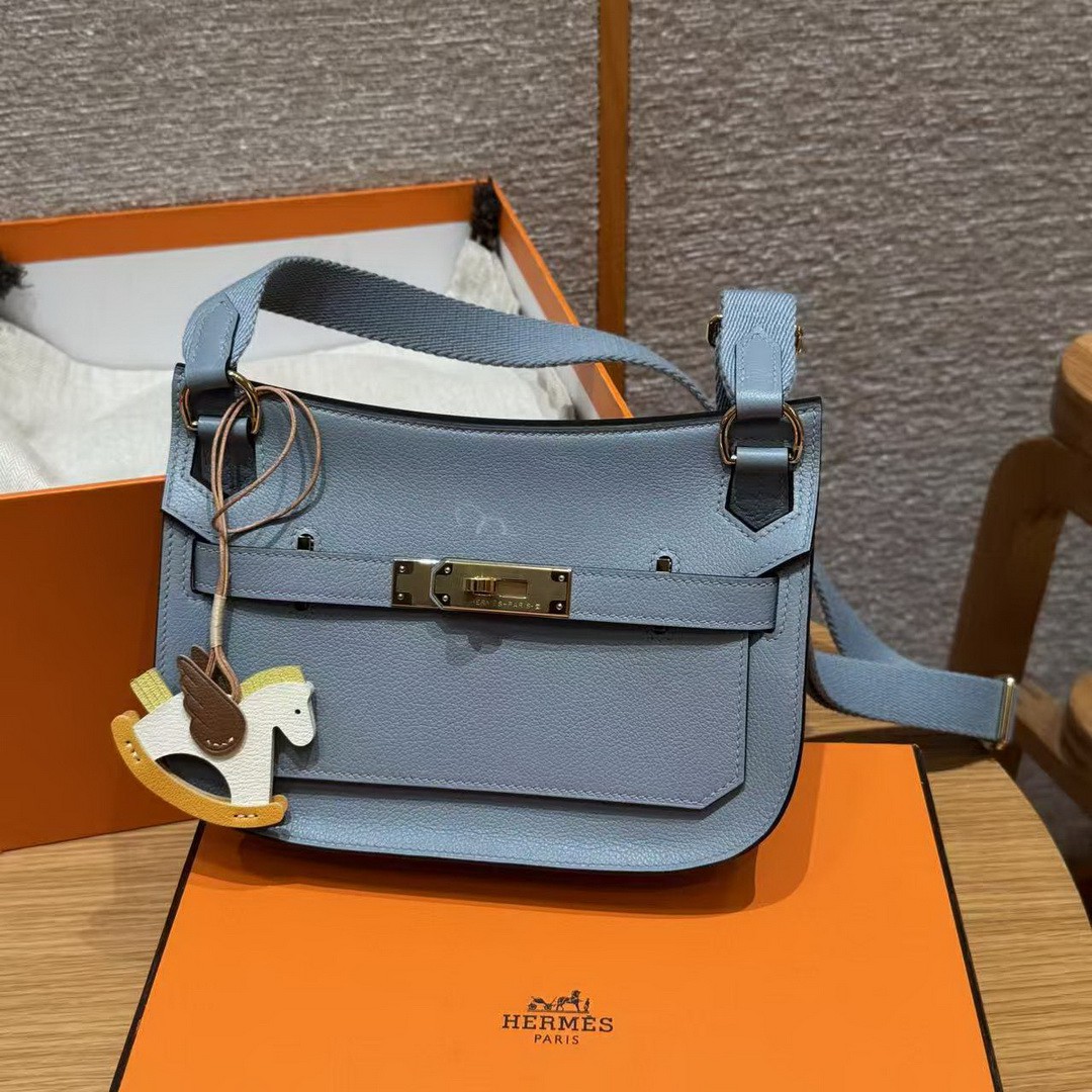 Hermes Jypsiere Mini 23 Bag Handmade In Evercolor Calfskin Leather Gold Hardware J7 Blue Lin - Image 3