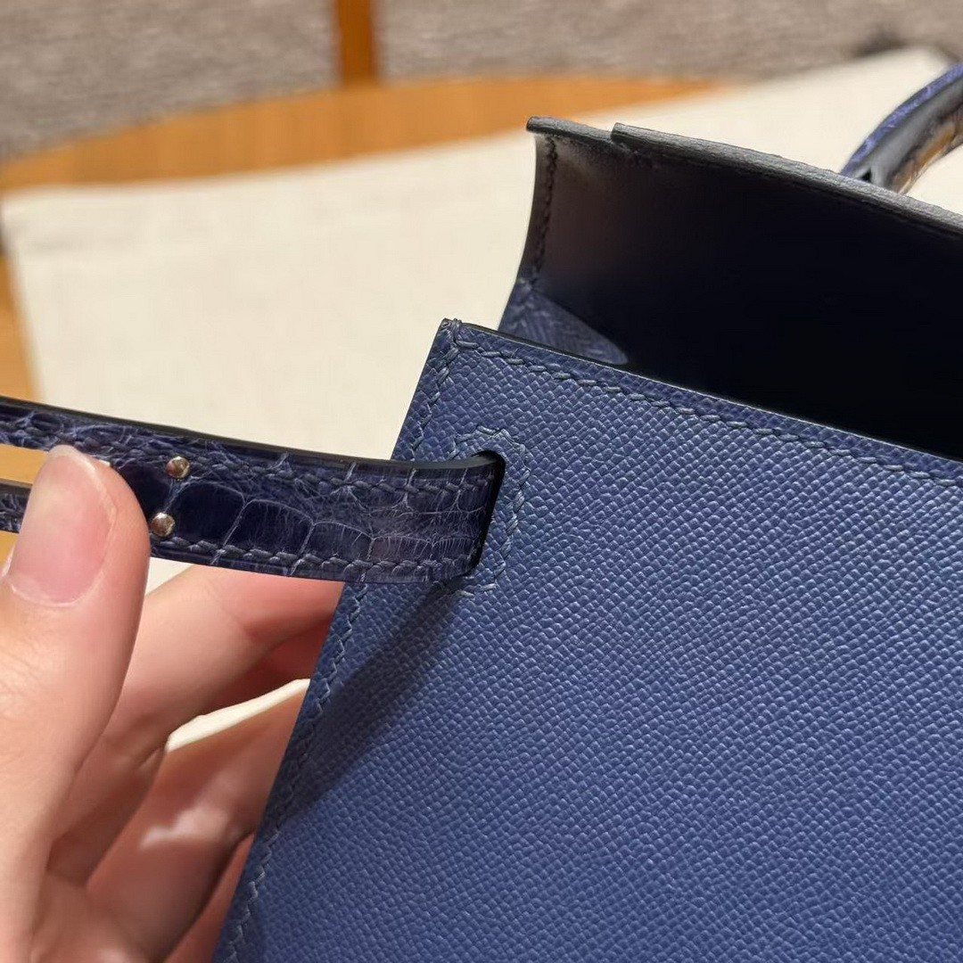 Hermes Kelly Mini 2 19CM Bag Handmade In Madame and Alligator Imported Leather from Mississippi Silver Hardware 73 Blue Saphir - Image 9