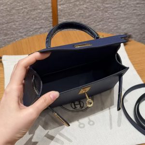Hermes Kelly Mini 2 19CM Bag Handmade In Epsom Calfskin Leather and Bright Faced American Alligator Gold Hardware 73 Blue Saphir - Image 15