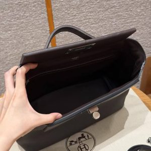 Hermes Kelly 2424 24/24 Bag 29CM Handmade In Evercolor and Swift Calfskin Leather Silver Hardware 47 Chocolate - Image 13