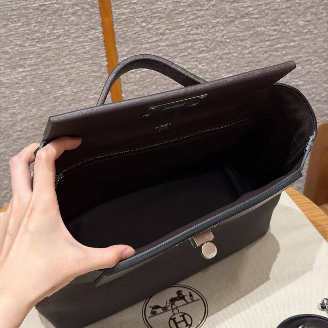 Hermes Kelly 2424 24/24 Bag 29CM Handmade In Evercolor and Swift Calfskin Leather Silver Hardware 47 Chocolate - Image 13