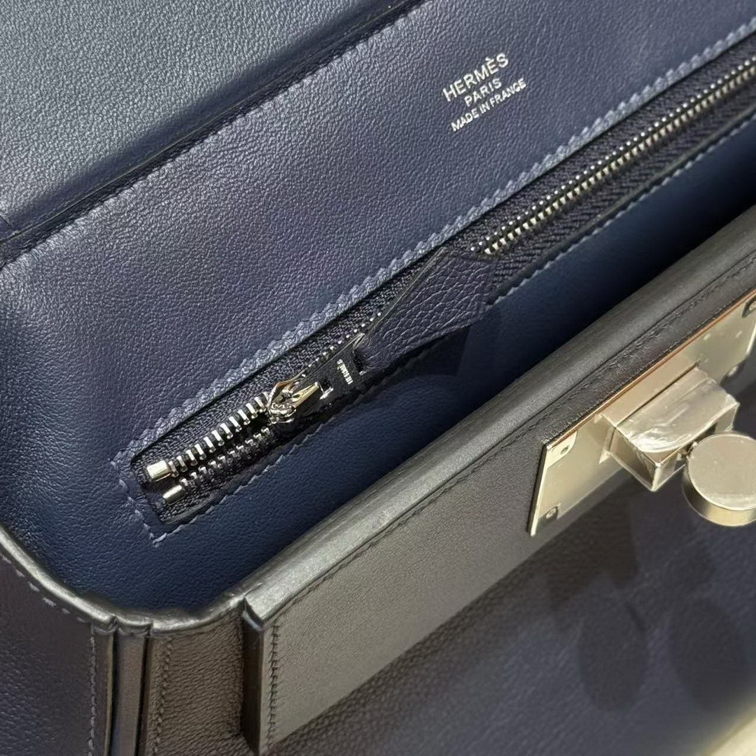 Hermes Kelly Mini 2424 24/24 Bag 21CM Handmade In Evercolor and Swift Calfskin Leather Silver Hardware 73 Blue Saphir - Image 4