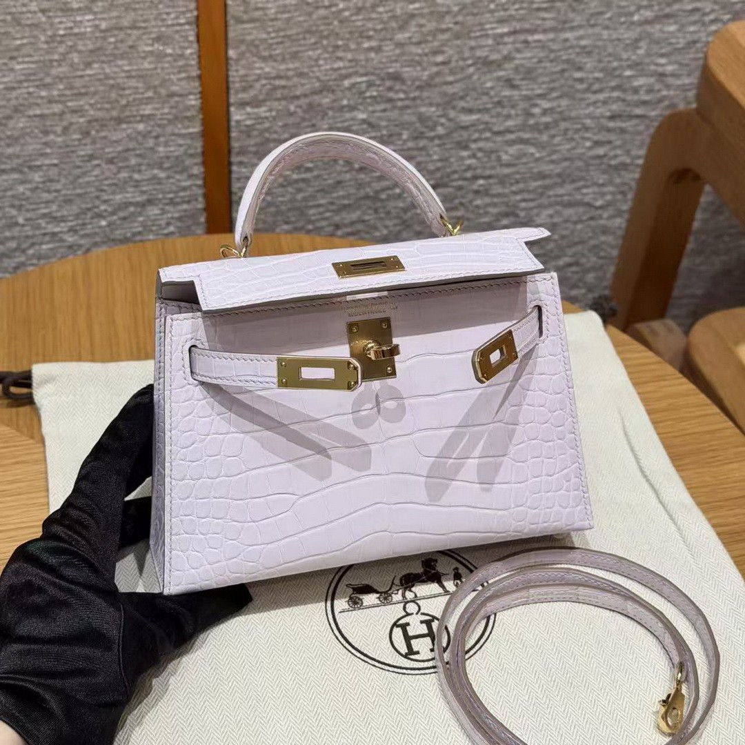 Hermes Kelly Mini 2 19CM Bag Handmade In Alligator Imported Leather From Mississippi Gold Hardware 09 Mauve Pale - Image 11