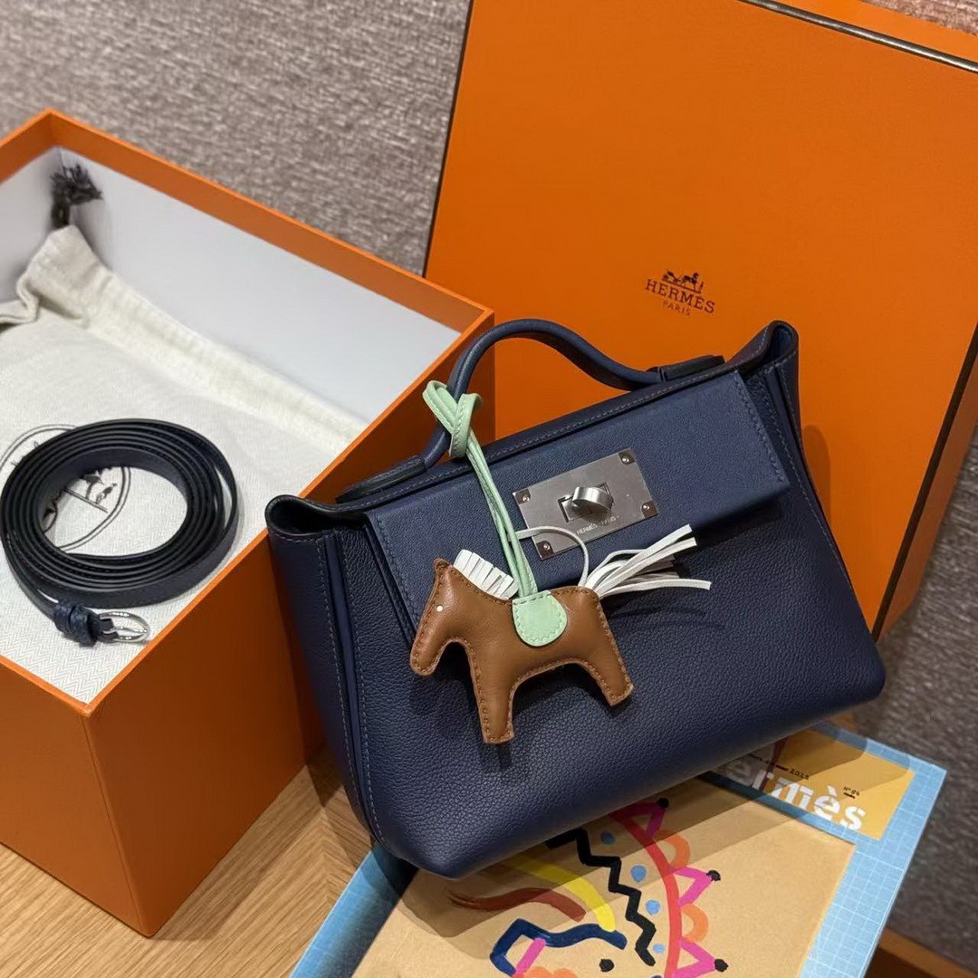Hermes Kelly Mini 2424 24/24 Bag 21CM Handmade In Evercolor and Swift Calfskin Leather Silver Hardware 73 Blue Saphir - Image 9