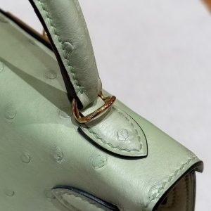 Hermes Kelly Mini 2 19 CM Bag Handmade In KK Ostrich Leather from South Africa Rose Gold Hardware 3i Vert Criquet - Image 6