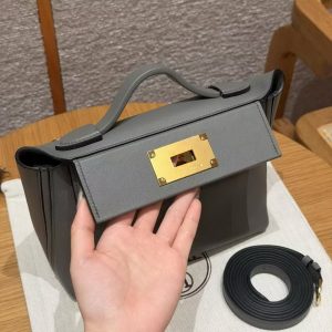 Hermes Kelly Mini 2424 24/24 Bag 21CM Handmade In Evercolor and Swift Calfskin Leather Gold Hardware 0L Gris Meyer - Image 7