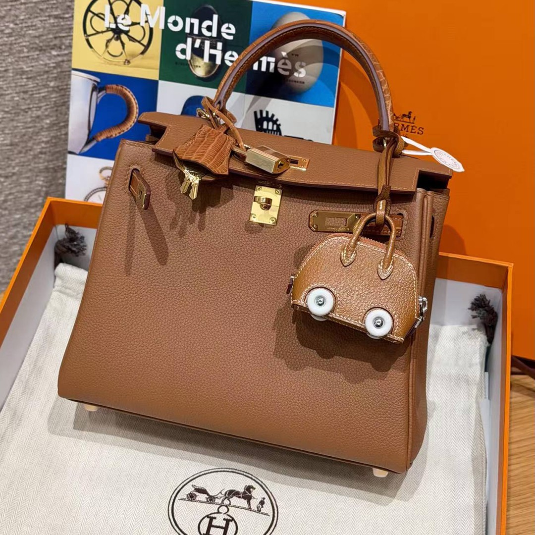 Hermes Kelly 25 Bag Handmade In Togo Calfskin Leather and Alligator from Mississippi Gold Hardware 37 Gold - Image 14