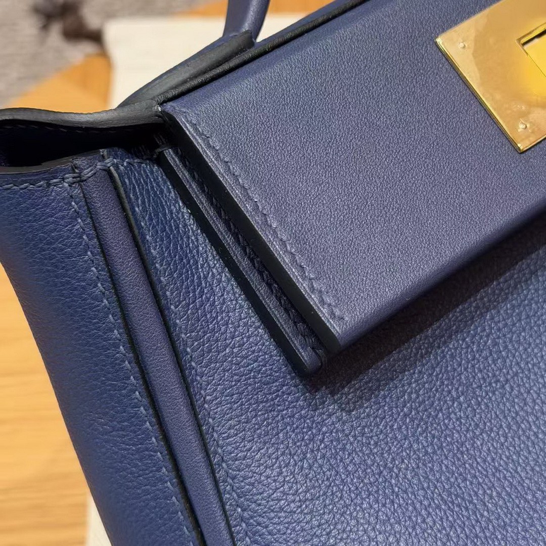 Hermes Kelly 2424 24/24 Bag 21CM Handmade In Evercolor and Swift Calfskin Leather Gold Hardware 73 Blue Saphir - Image 6
