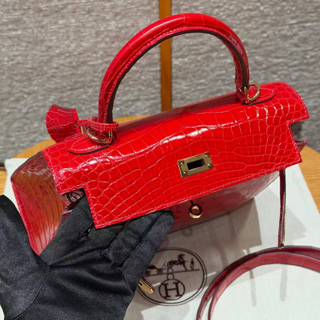 Hermes Kelly 25 Bag Handmade In Bright Faced Alligator Leather from Mississippi Gold Hardware 95 Braise - Image 11