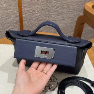 Hermes Kelly Mini 2424 24/24 Bag 21CM Handmade In Evercolor and Swift Calfskin Leather Silver Hardware 73 Blue Saphir - Image 7