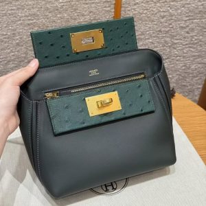 Hermes Kelly Mini 2424 24/24 Bag 21CM Handmade In Swift Calfskin Leather KK Ostrich Gold Hardware Vo Vert Rousseau - Image 14