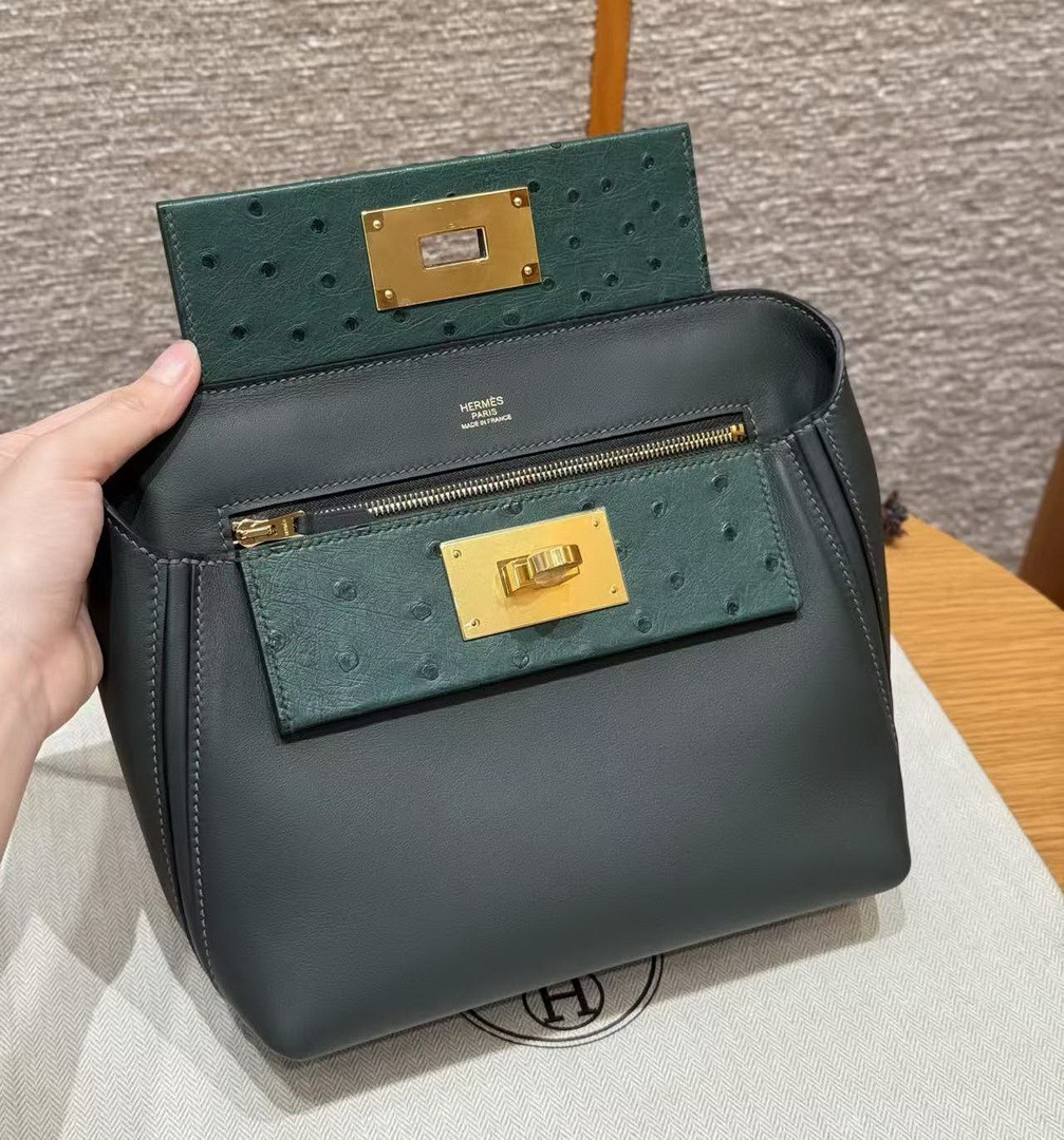 Hermes Kelly Mini 2424 24/24 Bag 21CM Handmade In Swift Calfskin Leather KK Ostrich Gold Hardware Vo Vert Rousseau - Image 14