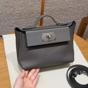 Hermes Kelly 2424 24/24 Bag 21CM Handmade In Evercolor and Swift Calfskin Leather Silver Hardware 0L Gris Meyer