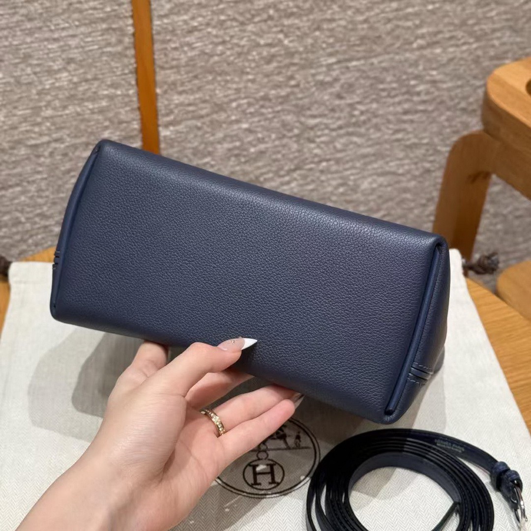 Hermes Kelly Mini 2424 24/24 Bag 21CM Handmade In Evercolor and Swift Calfskin Leather Silver Hardware 73 Blue Saphir - Image 24