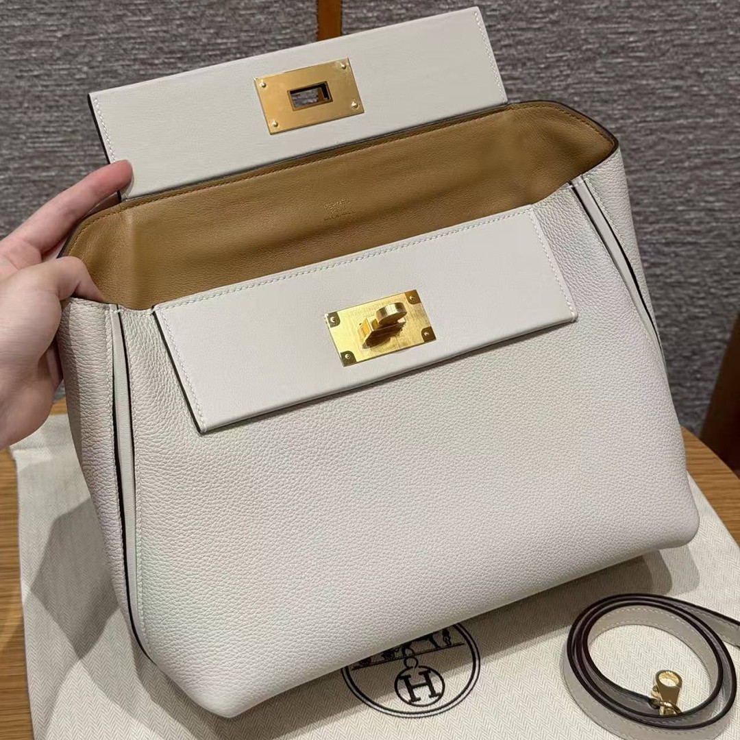 Hermes Kelly 2424 24/24 Bag 29CM Handmade In Togo and Swift Calfskin Leather Gold Hardware 10 Craie 4B Biscuit - Image 9