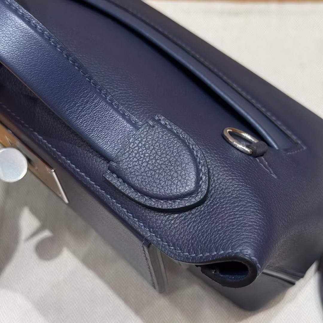 Hermes Kelly Mini 2424 24/24 Bag 21CM Handmade In Evercolor and Swift Calfskin Leather Silver Hardware 73 Blue Saphir - Image 15