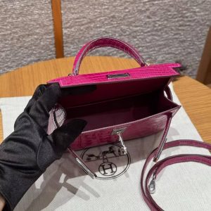 Hermes Kelly Mini 2 19CM Bag Handmade In Bright faced Alligator Leather Silver Diamond Hardware J5 Rose Scheherazade - Image 17