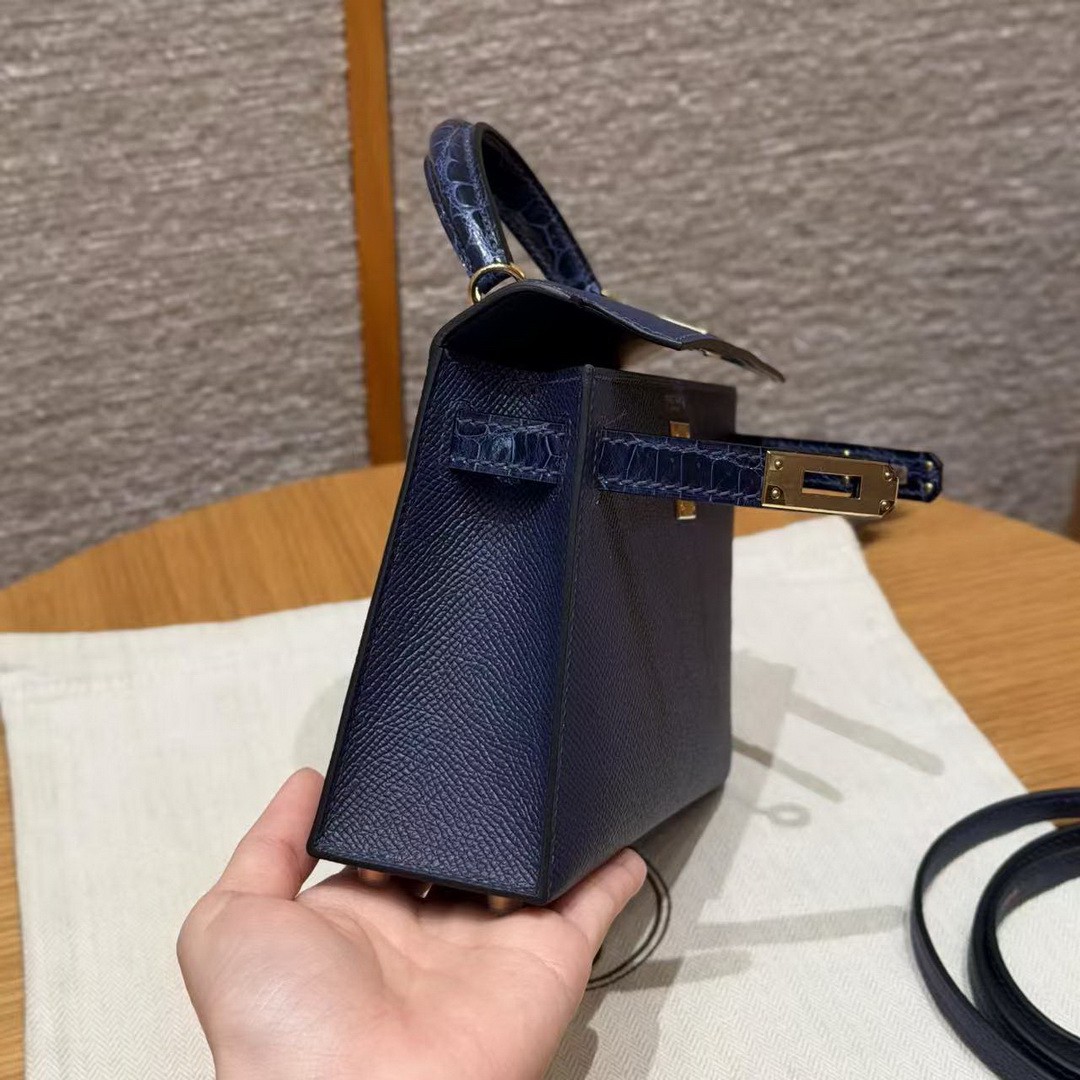 Hermes Kelly Mini 2 19CM Bag Handmade In Epsom Calfskin Leather and Bright Faced American Alligator Gold Hardware 73 Blue Saphir - Image 10
