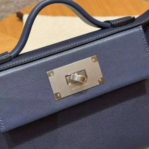 Hermes Kelly Mini 2424 24/24 Bag 21CM Handmade In Evercolor and Swift Calfskin Leather Silver Hardware 73 Blue Saphir - Image 21