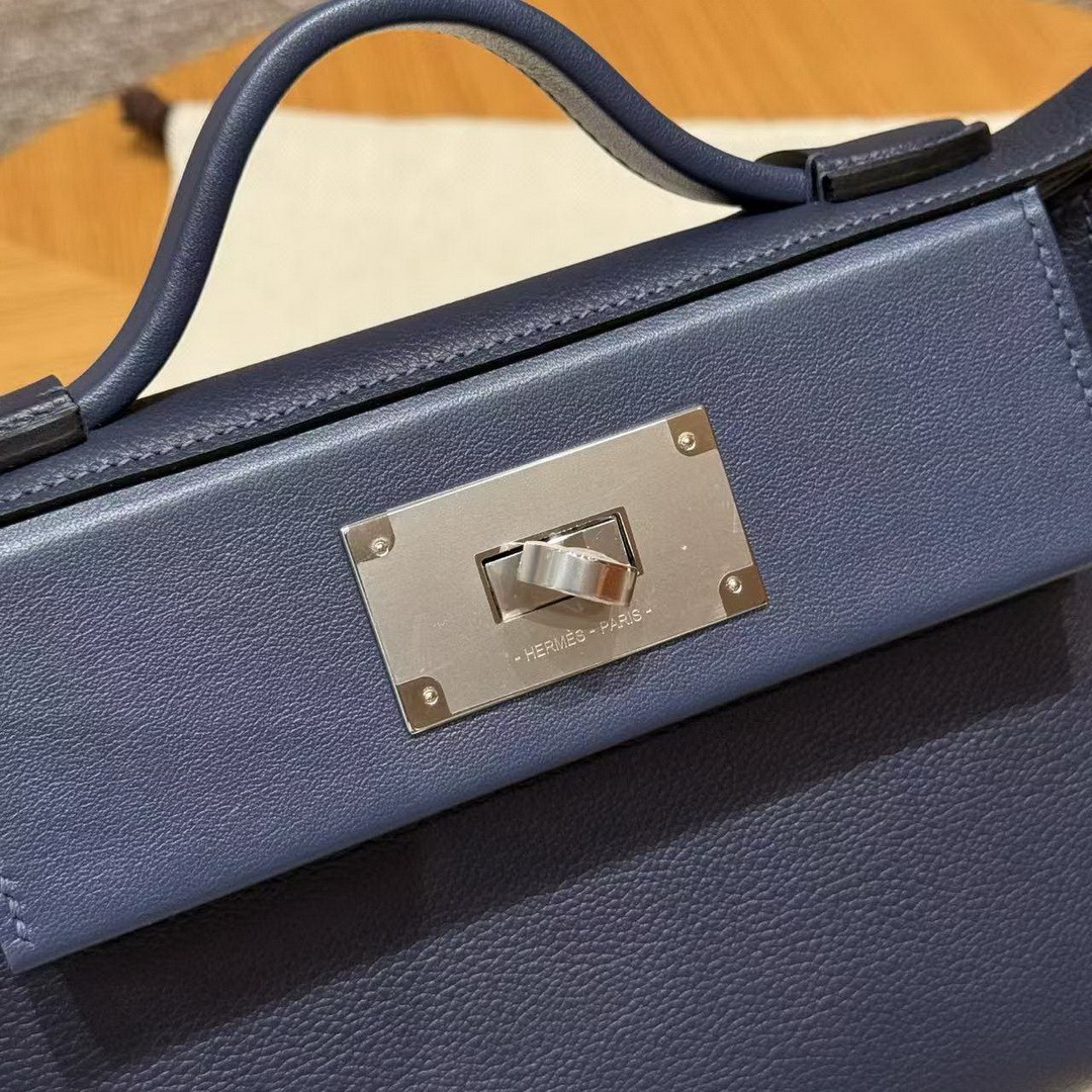 Hermes Kelly Mini 2424 24/24 Bag 21CM Handmade In Evercolor and Swift Calfskin Leather Silver Hardware 73 Blue Saphir - Image 21