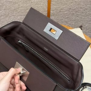 Hermes Kelly 2424 24/24 Bag 29CM Handmade In Evercolor and Swift Calfskin Leather Silver Hardware 47 Chocolate - Image 9