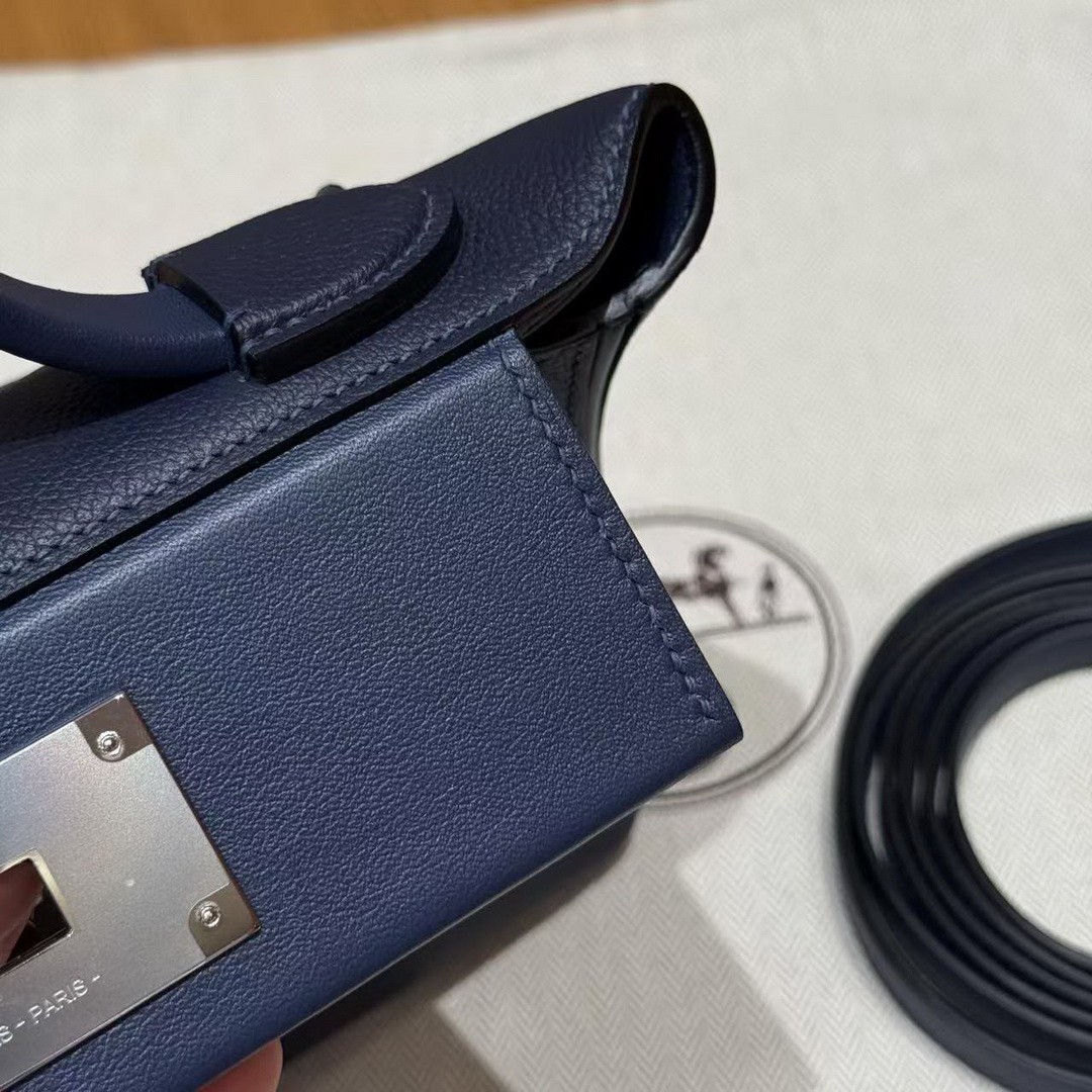 Hermes Kelly Mini 2424 24/24 Bag 21CM Handmade In Evercolor and Swift Calfskin Leather Silver Hardware 73 Blue Saphir - Image 6