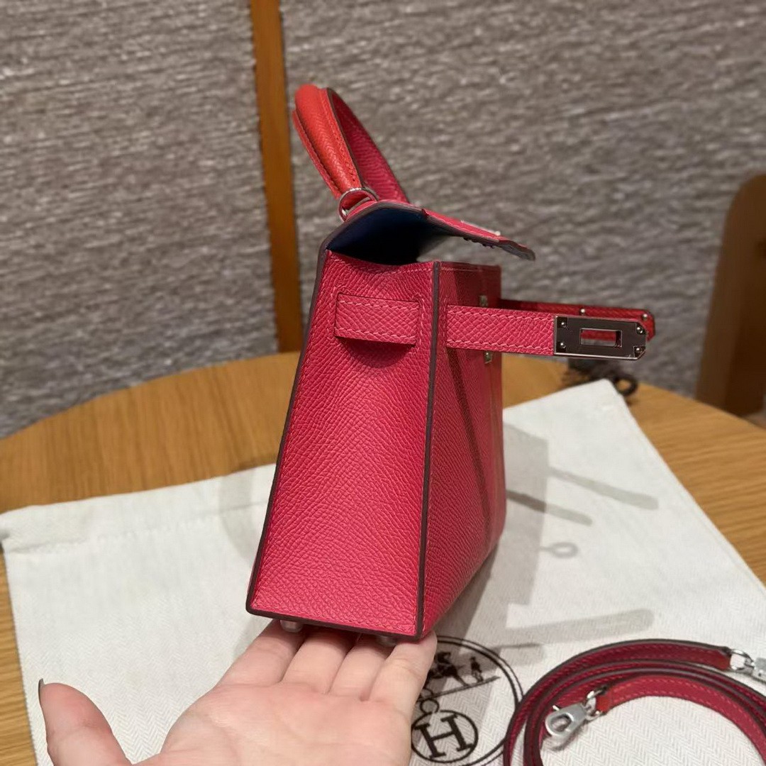 Hermes Kelly Mini 2 19CM Bag Handmade In Epsom Calfskin Leather Silver Hardware l6 Rose Extreme S3 Rouge Coeur B3 Blue Zanzibar - Image 18
