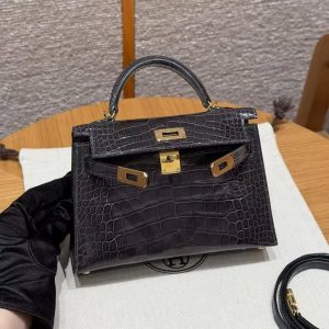 Hermes Kelly Mini 2 19CM Bag Handmade In Bright Faced Alligator Imported Leather from Mississippi Gold Hardware 88 Graphite - Image 9