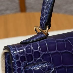 Hermes Kelly Mini 2 19CM Bag Handmade In Bright Faced Alligator Leather from Mississippi Gold Hardware M3 Blue Encer - Image 13