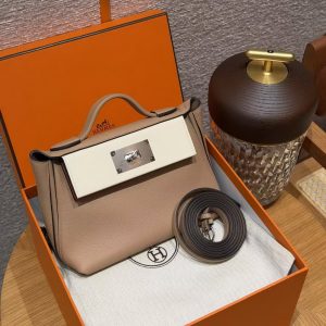 Hermes Kelly 2424 24/24 Bag 21CM Handmade In Evercolor and Swift Calfskin Leather Silver Hardware 0M Chai l2 Nata 6C Cuivre - Image 12