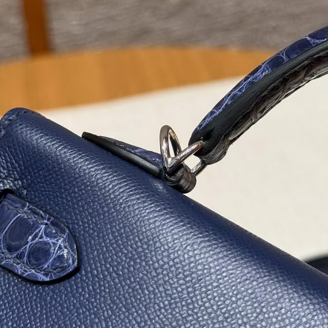 Hermes Kelly Mini 2 19CM Bag Handmade In Madame and Alligator Imported Leather from Mississippi Silver Hardware 73 Blue Saphir - Image 7