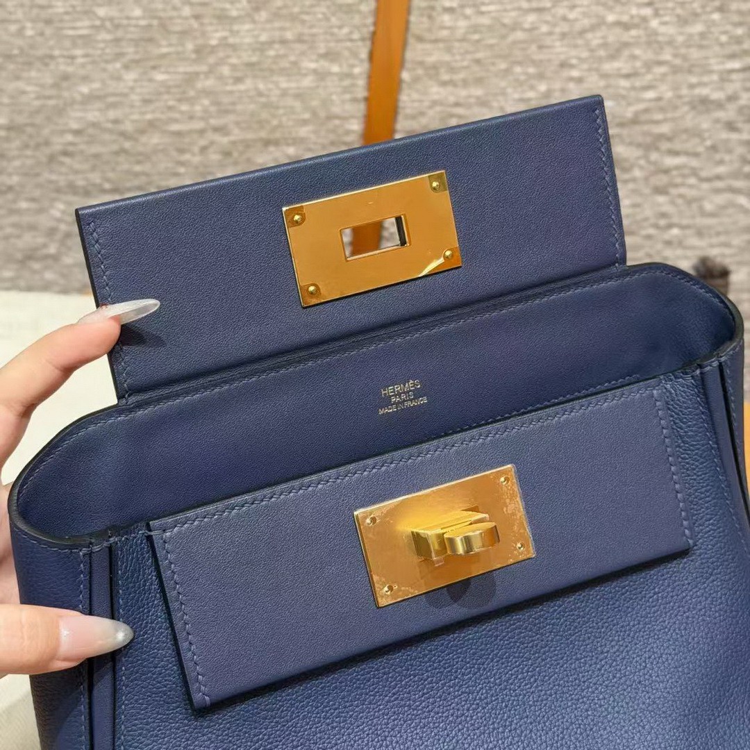 Hermes Kelly 2424 24/24 Bag 21CM Handmade In Evercolor and Swift Calfskin Leather Gold Hardware 73 Blue Saphir - Image 11