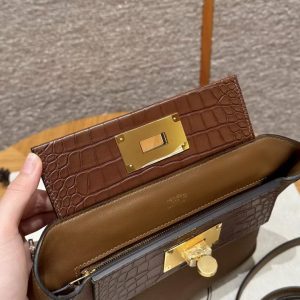 Hermes Kelly Mini 2424 24/24 Bag 21CM Handmade In Togo Calfskin Leather Matte American Crocodile Gold Hardware 3G Alezan - Image 8