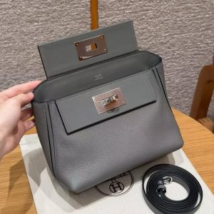 Hermes Kelly 2424 24/24 Bag 21CM Handmade In Evercolor and Swift Calfskin Leather Silver Hardware 8F Girs Etain - Image 12