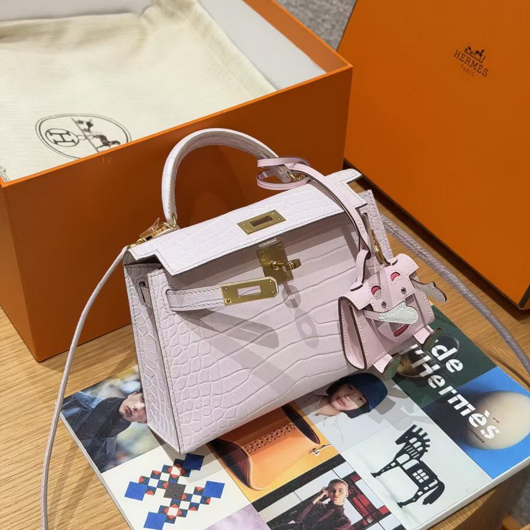 Hermes Kelly Mini 2 19CM Bag Handmade In Alligator Imported Leather From Mississippi Gold Hardware 09 Mauve Pale - Image 12