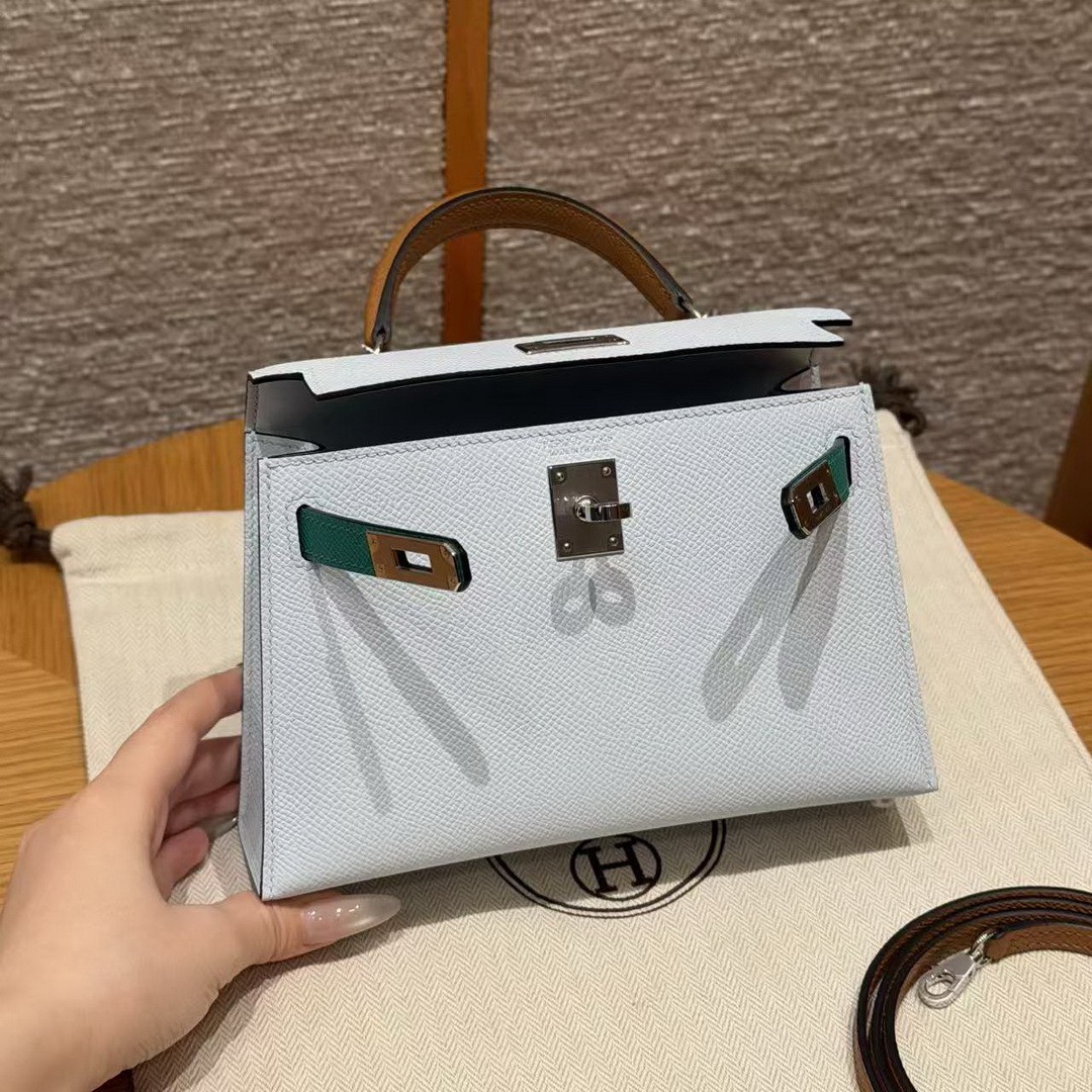 Hermes Kelly Mini 2 19CM Bag Handmade In Epsom Calfskin Leather Silver Hardware T0 Blue Brume 37 Gold O6 Vert Jade - Image 14