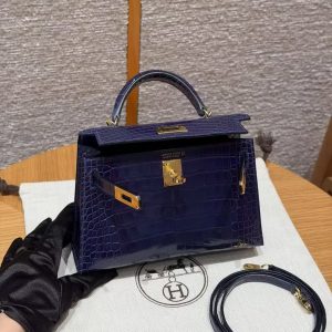Hermes Kelly Mini 2 19CM Bag Handmade In Bright Faced Alligator Leather from Mississippi Gold Hardware M3 Blue Encer - Image 11