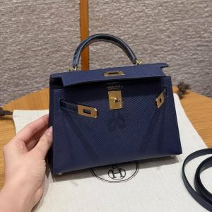 Hermes Kelly Mini 2 19CM Bag Handmade In Epsom Calfskin Leather and Bright Faced American Alligator Gold Hardware 73 Blue Saphir - Image 11