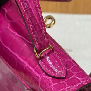 Hermes Kelly Mini 2 19CM Bag Handmade In Bright Faced Alligator Leather from Mississippi Gold Hardware J5 Rose Scheherazade - Image 5