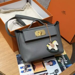 Hermes Kelly Mini 2424 24/24 Bag 21CM Handmade In Evercolor and Swift Calfskin Leather Gold Hardware 0L Gris Meyer - Image 3