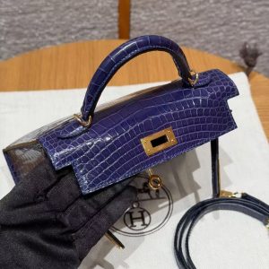 Hermes Kelly Mini 2 19CM Bag Handmade In Bright Faced Alligator Leather from Mississippi Gold Hardware M3 Blue Encer - Image 9