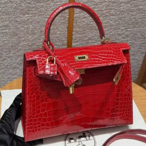 Hermes Kelly 25 Bag Handmade In Bright Faced Alligator Leather from Mississippi Gold Hardware 95 Braise - Image 12