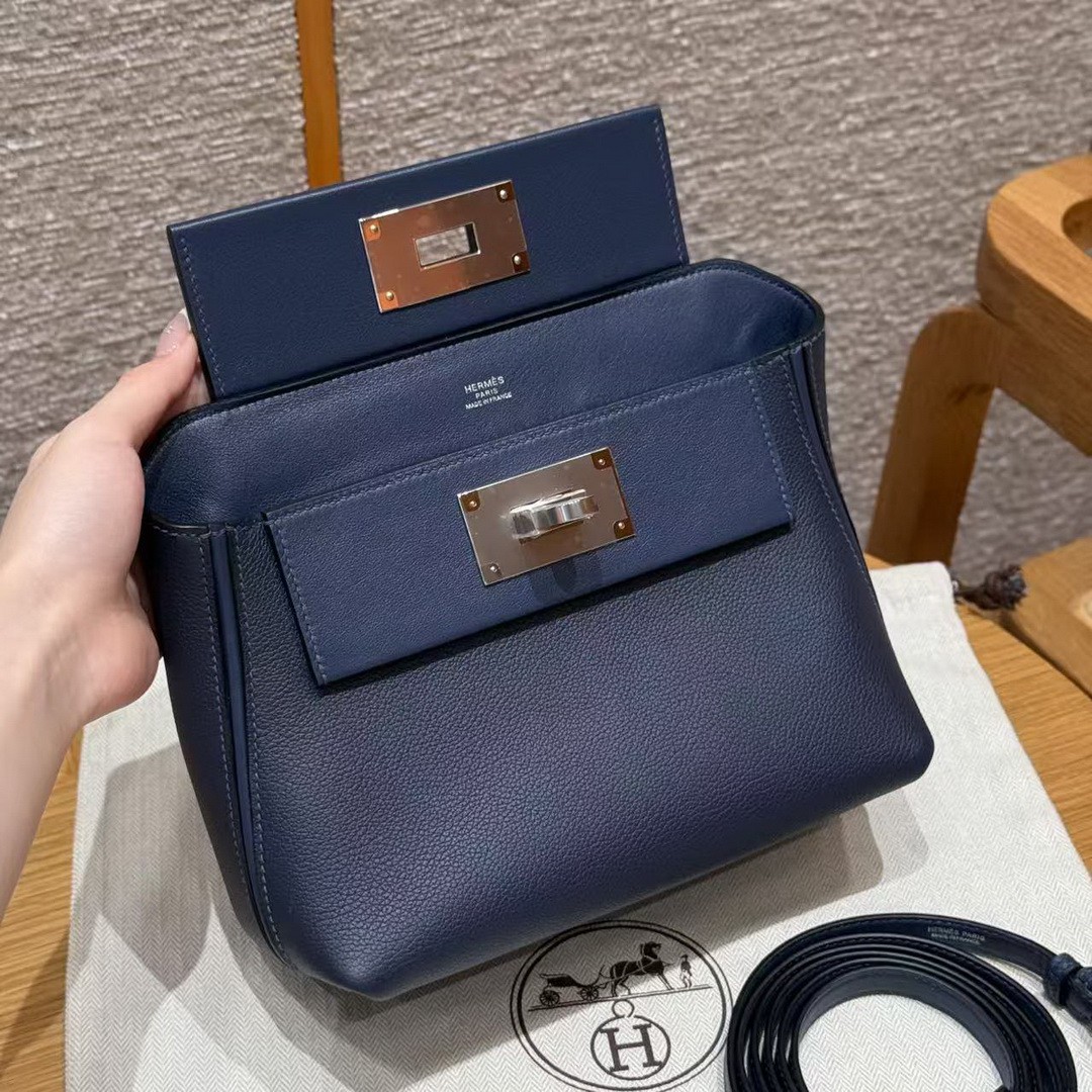 Hermes Kelly Mini 2424 24/24 Bag 21CM Handmade In Evercolor and Swift Calfskin Leather Silver Hardware 73 Blue Saphir - Image 8