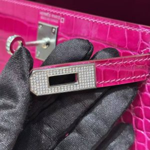 Hermes Kelly Mini 2 19CM Bag Handmade In Bright faced Alligator Leather Silver Diamond Hardware J5 Rose Scheherazade - Image 15
