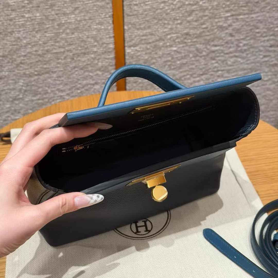 Hermes Kelly Mini 2424 24/24 Bag 21CM Handmade In Evercolor and Swift Calfskin Leather Gold Hardware 2Z Blue Nuit 7U Blue Navy - Image 16