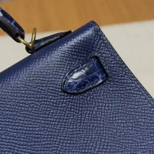 Hermes Kelly Mini 2 19CM Bag Handmade In Epsom Calfskin Leather and Bright Faced American Alligator Gold Hardware 73 Blue Saphir - Image 6