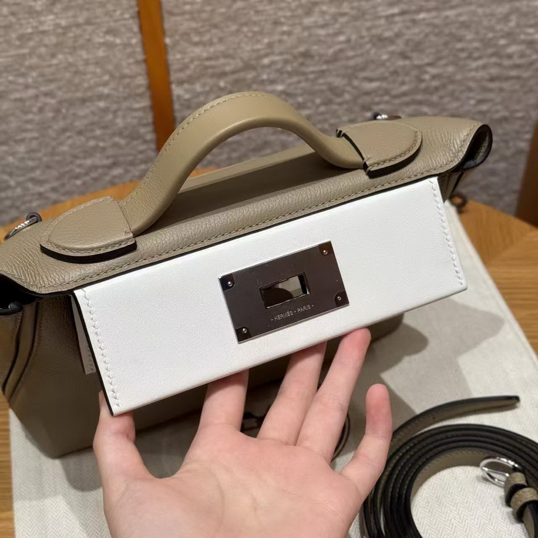 Hermes Kelly 2424 24/24 Bag 21CM Handmade In Evercolor and Swift Calfskin Leather Silver Hardware 8Q Beige Marfa 0U New White - Image 13
