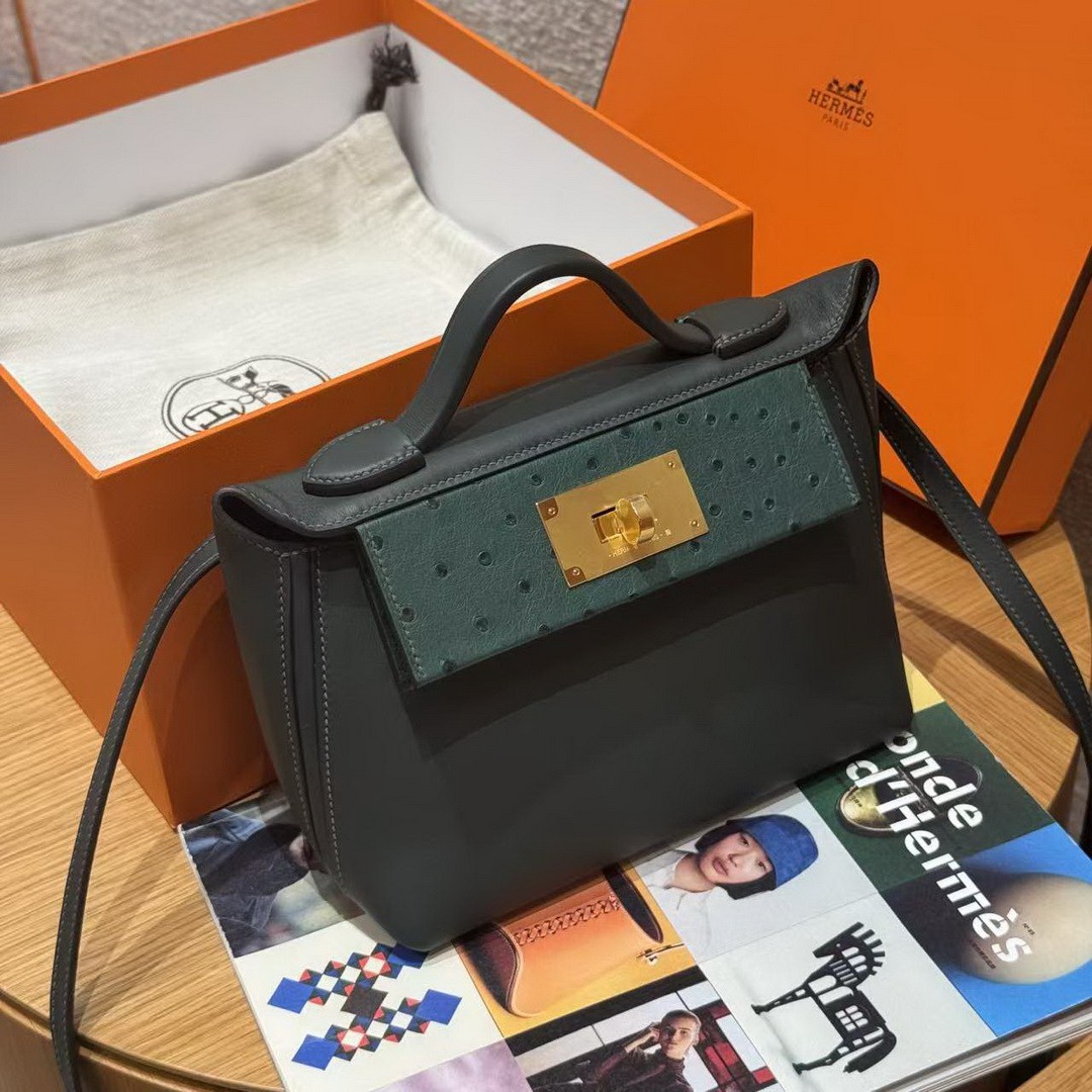 Hermes Kelly Mini 2424 24/24 Bag 21CM Handmade In Swift Calfskin Leather KK Ostrich Gold Hardware Vo Vert Rousseau - Image 4